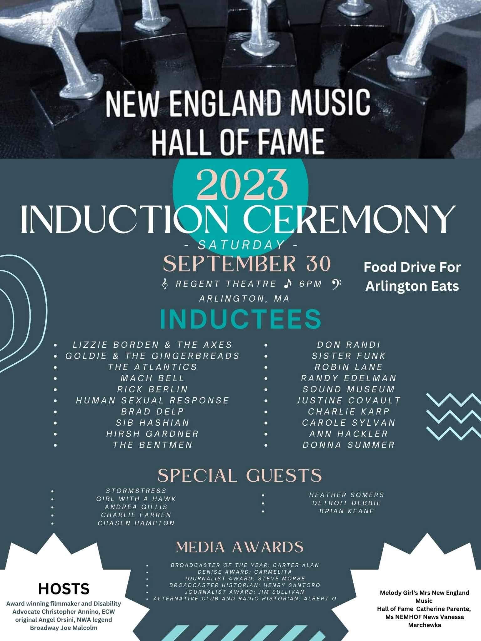 New England Music Hall of Fame 2023 Induction, Saturday September 30, 2023 In Arlington, Mass