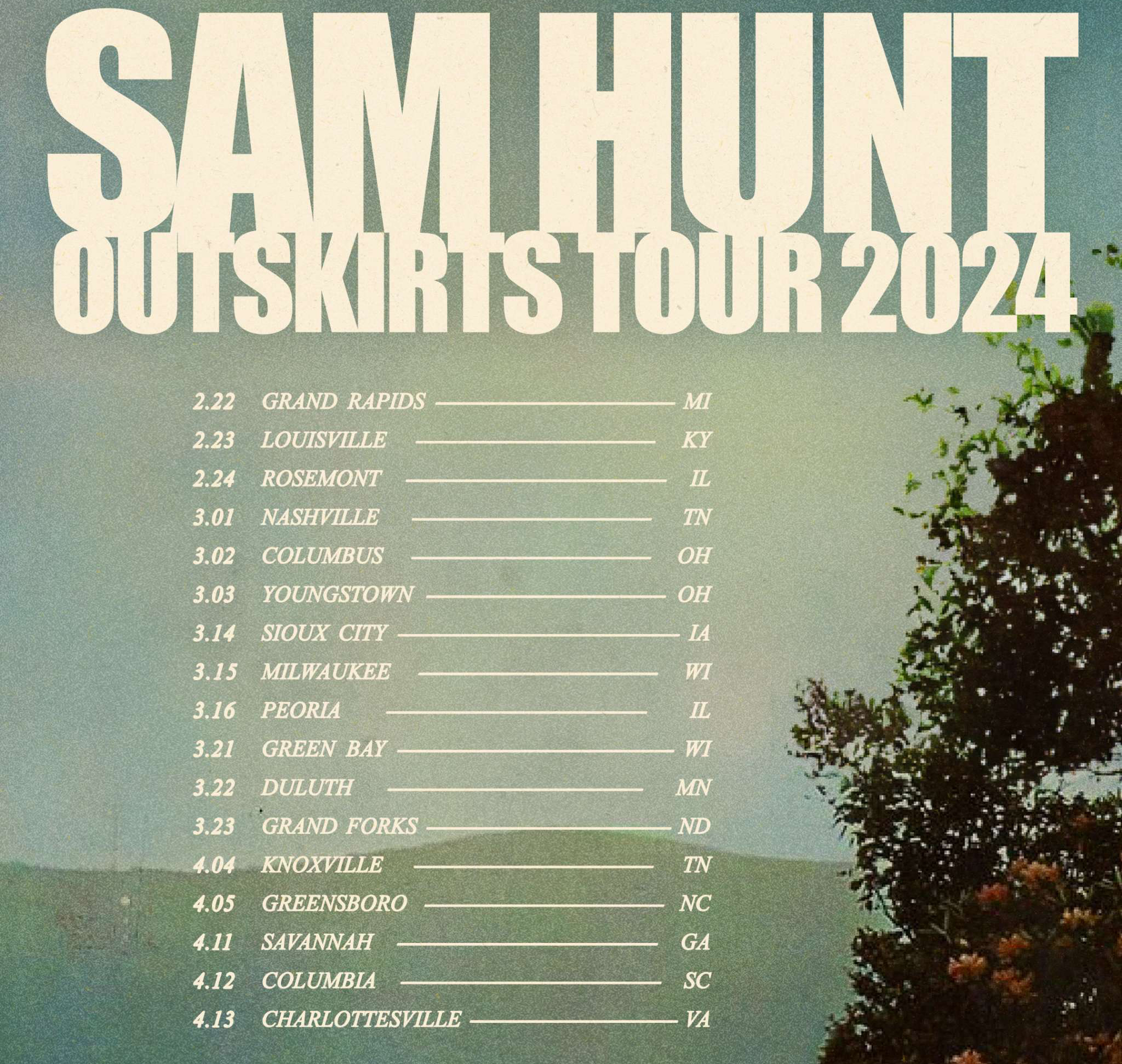 COUNTRY SUPERSTAR SAM HUNT ANNOUNCES HIS ARENA HEADLINING OUTSKIRTS TOUR 2024