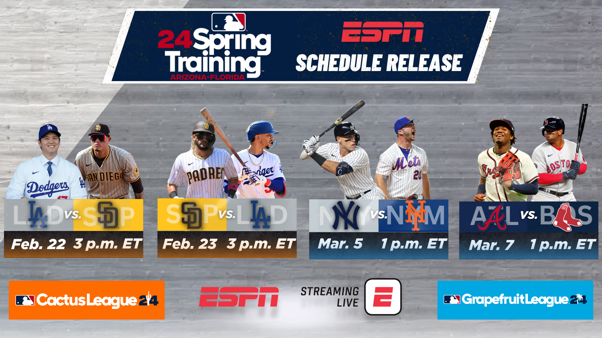 Baseball Returns! ESPN and ESPN+ to Carry Ten 2024 MLB Spring Training Games Beginning February 22